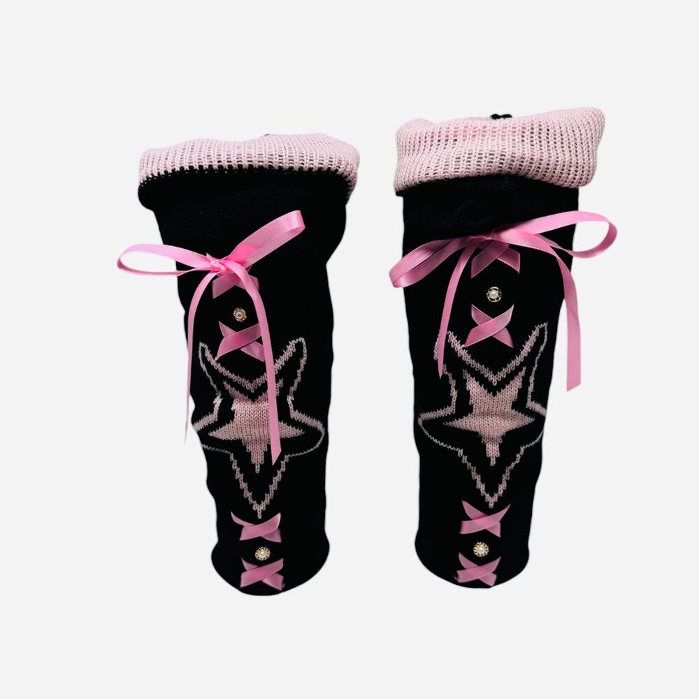 Starz Lace Up Leg Warmers with Pink Ribbon and Pearl Details Black & Pink NWOT